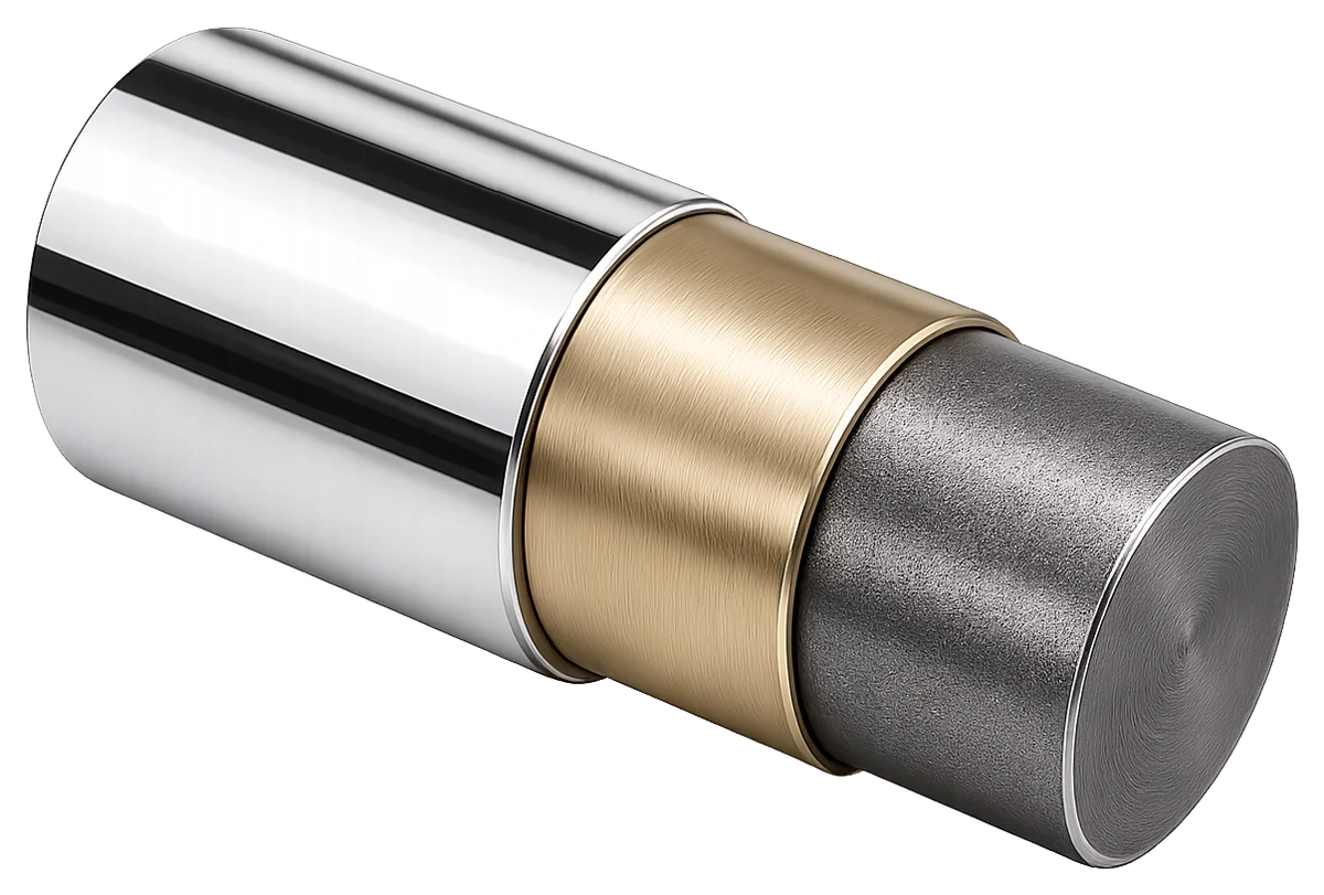 Illustration of the TripleHard® coating structure: a polished trivalent chromium surface, a nickel anchor layer beneath it, and the steel core