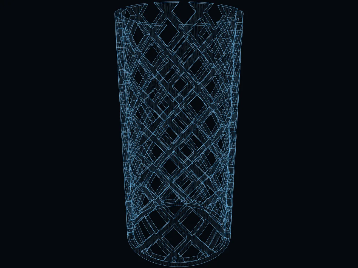 Wireframe render of a lattice anode cage from the pilot line's 3D model